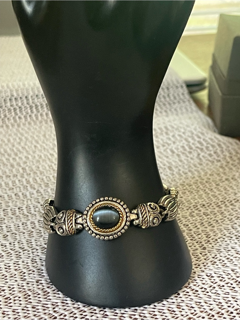 Oval Stone Bracelet with Ornate Silver and Gold Tone Links,